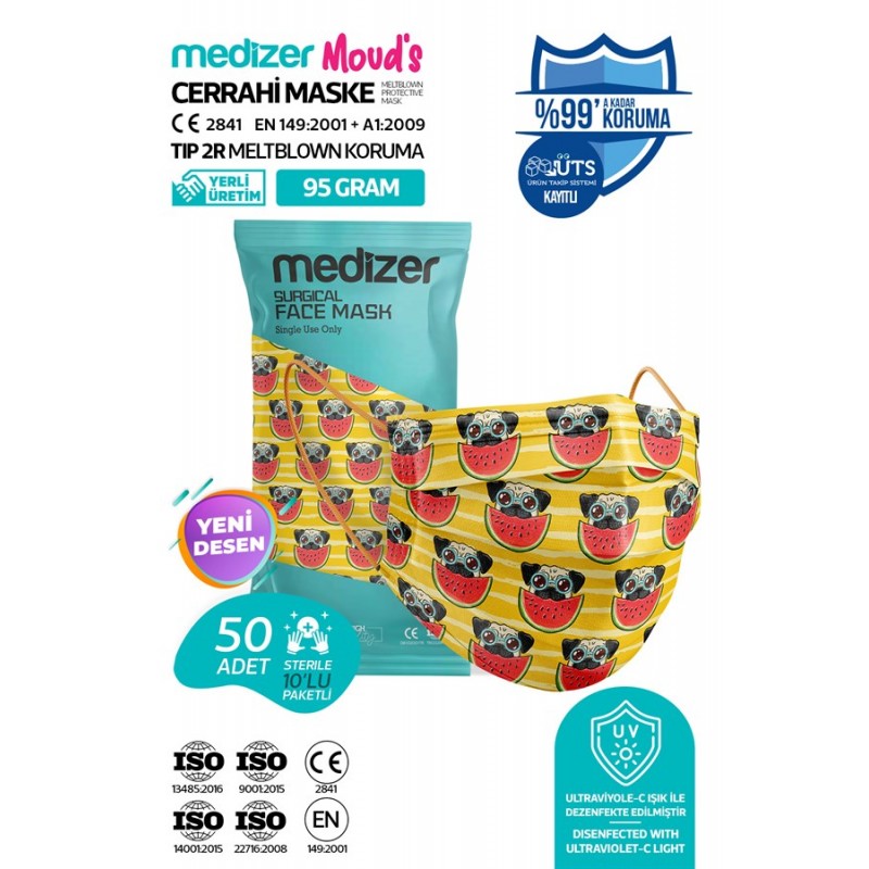 Medizer Meltblown Crazy Dog Desenli Cerrahi Maske 10'lu 5 Paket