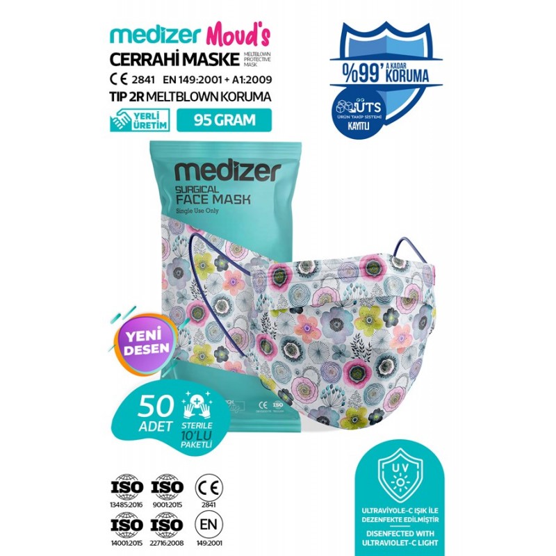 Medizer Meltblown Flower Art Desenli Cerrahi Maske 10'lu 5 Paket