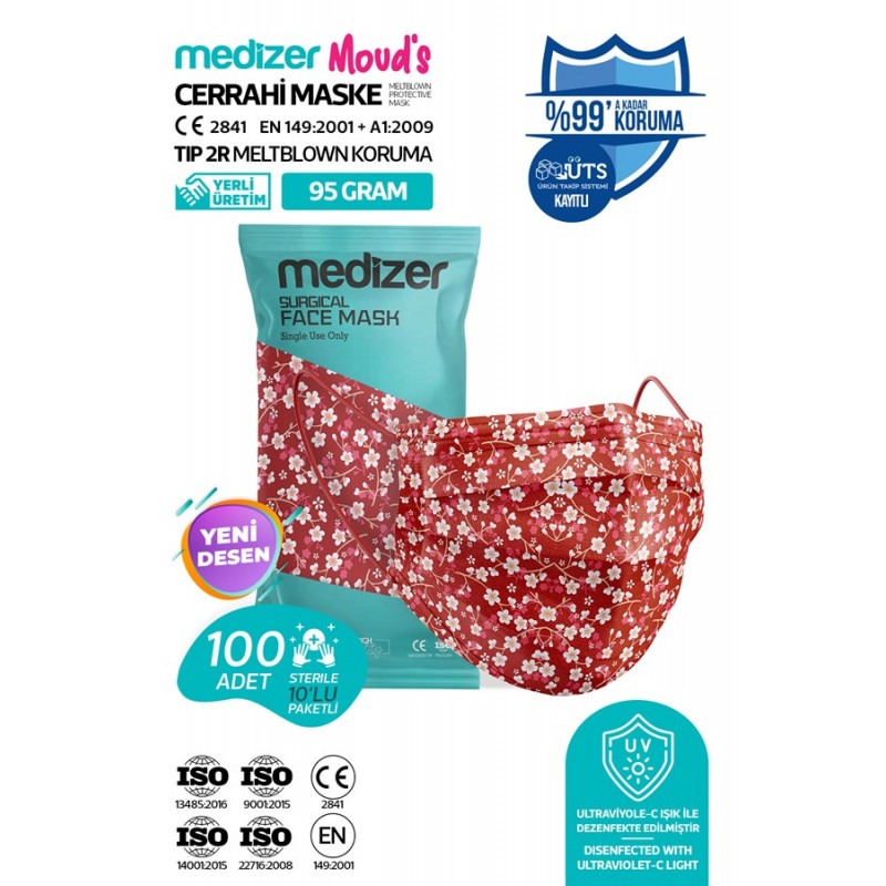 Medizer Meltblown Kırmızı Çiçek Desenli Cerrahi Maske 10'lu 10 Paket