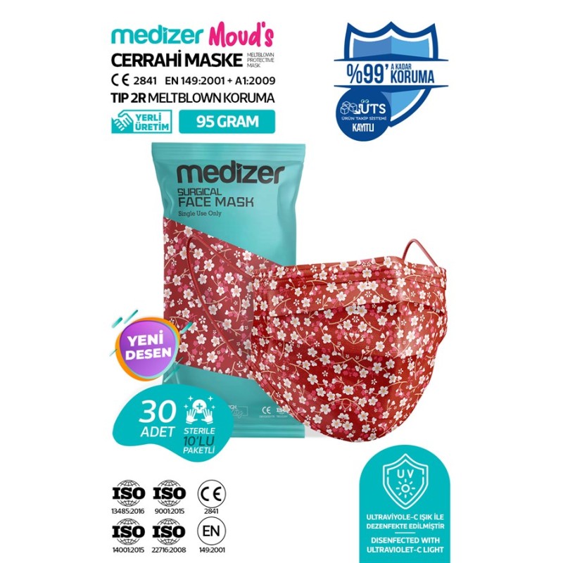 Medizer Meltblown Kırmızı Çiçek Desenli Cerrahi Maske 10'lu 3 Paket