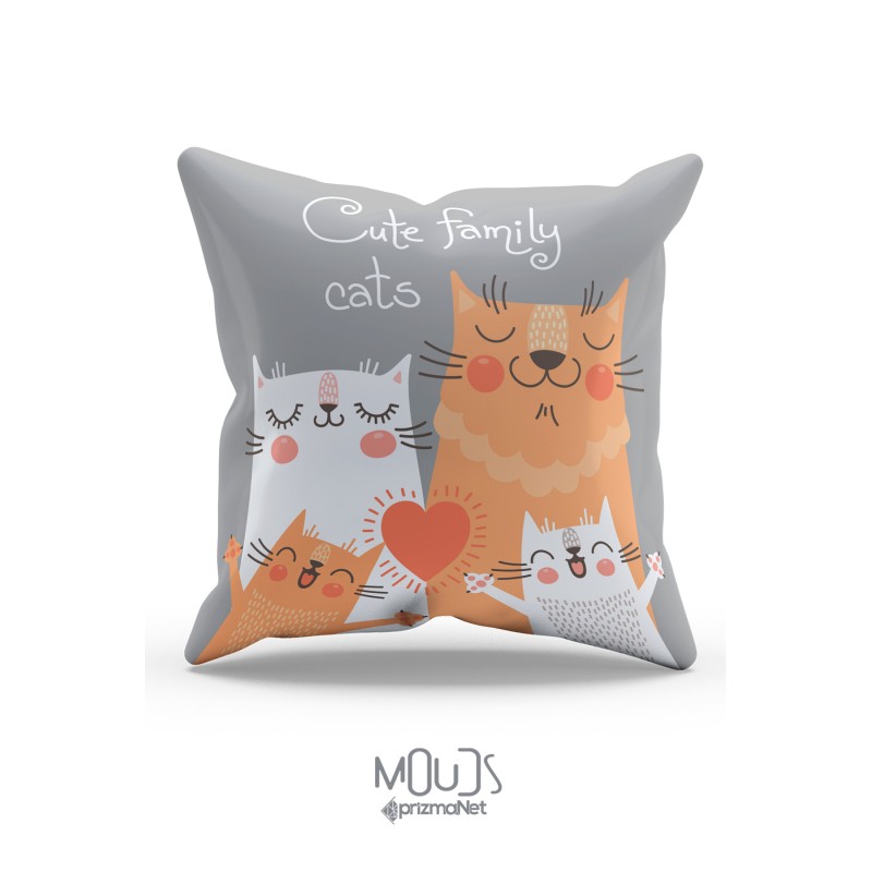 Mouds Çift Tarafı Baskılı Happy Cats Desenli Tekli Kırlent Kılıfı